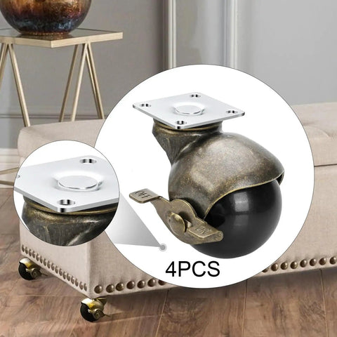 Four Pack Top Shelf Brass Ball Casters For Furniture Antique Finish Swivel Wheels With Secure Top Plate 1.5 Inch Heavy Duty Roller Units That Are Hella Smooth For Living Room Setups, showing detailed view of locked caster.