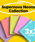 Super Sticky Notes 3 By 3 Inches Supernova Neons 24 Pack stacked in vibrant colors on a yellow background, ideal for reminders.