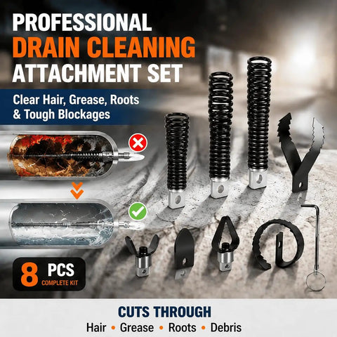 Heavy-Duty 1/2 And 3/8 Inch Drain Auger Bit Set Compatible with Ehle HD Blackrak 40, 8 piece attachment set for clearing clogs.