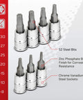 Close-up of Torx Plus 13-Piece Bit Socket Set with 6 Lobe TP-8 IP-8 Through TP-60 IP-60, S2 Steel Bits and CrV Sockets for auto repair