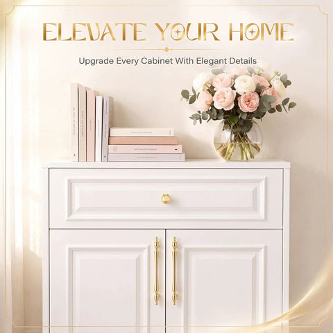 Slick Gold Antique Cabinet Pulls And Knobs 20 Piece Set Featuring European Style Drawer Handles And Round Cupboard Knobs For Kitchen Updates Hassle Free Mounting Top Notch Finish on white cabinet.