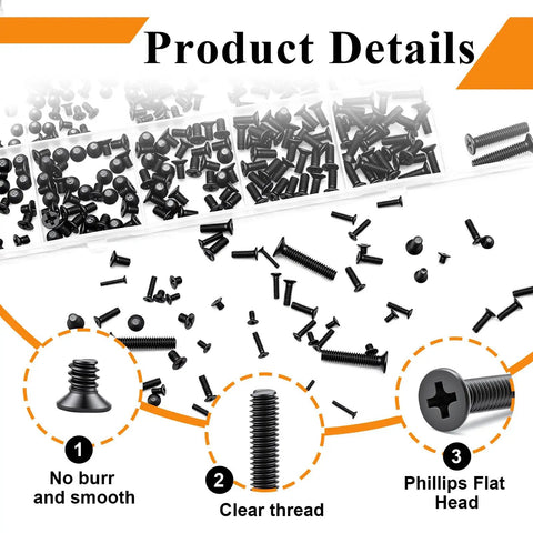 Top Shelf Metric Micro Screw And Hex Nut Assortment Kit With 1130 Pieces Black Carbon Steel Fasteners for DIY, showing screws and their details.