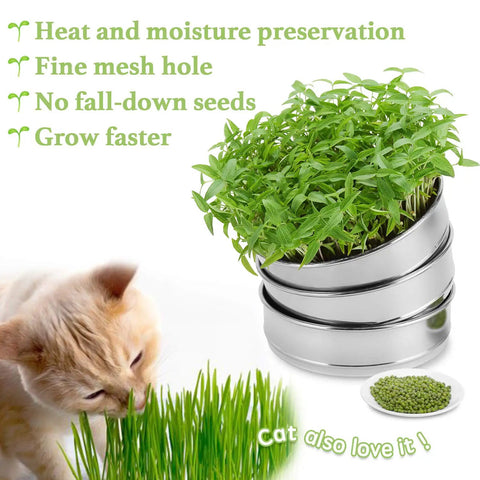 Stackable Stainless Steel Seed Sprouting Kit With Two Mesh Trays Base And Lid Durable 304 Grade shown with fresh sprouts and cat