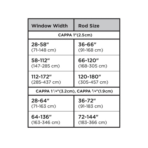 Size chart for Cappa Curtain Rod With Two Matching Finials, Adjustable 66 To 120 Inches, showing window width and rod size options.