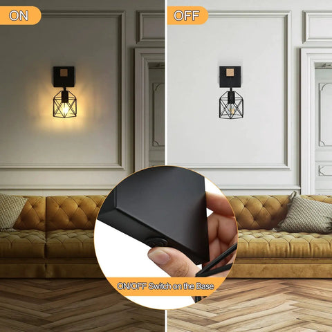 Black Wall Sconce Set With On Off Switch Dimmable Cage Wall Mount Light Fixture Industrial Farmhouse Lighting Pack Of 2 Vintage Cage Shade Lamp For Living Room Or Bedroom with lighting demonstration.