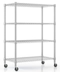 Adjustable 4 Tier Metal Wire Shelving Rolling Storage Rack With Heavy Duty Casters, silver wire design, mobile garage storage unit.