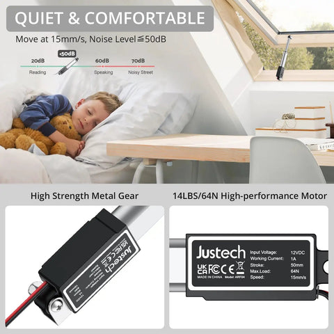 12V Mini Linear Actuator Featuring A 2 Inch Stroke And 64 Newton Thrust with metal gear and motor specifications.