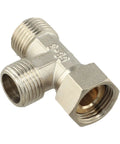Built Tough Three Way Brass Diverter Valve With Easy Grip Handle And Leak Free Seals Nickel Plated Half Inch Threaded Tee Connector for plumbing use.