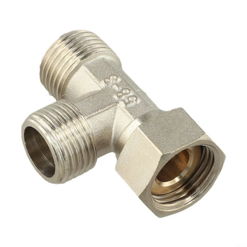 Built Tough Three Way Brass Diverter Valve With Easy Grip Handle And Leak Free Seals Nickel Plated Half Inch Threaded Tee Connector for plumbing use.