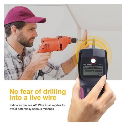 Professional Digital Wall Stud Finder And Voltage Scanner in use to locate wood frames and live wires while drilling.