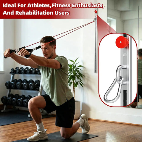 Adjustable Steel Resistance Band Wall Mount System With 40 Inch Vertical Glide and Heavy Duty Wall Anchor Kit For Killer Stability Home Gym Strength Training user performing resistance training.