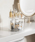Heavy Lift Double Tier Lazy Susan Turntable Organizer For Pantry Or Fridge, 9 inch clear base with cosmetics.