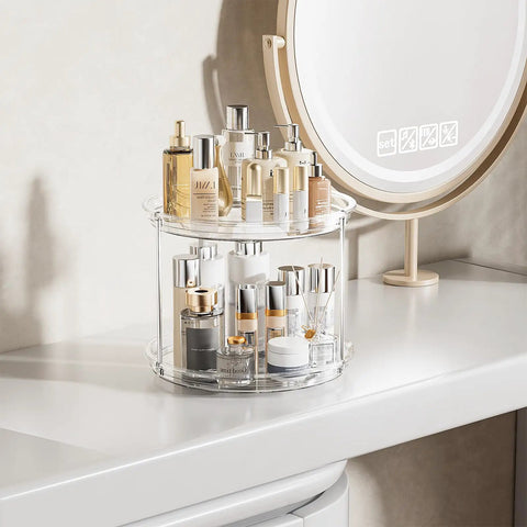 Heavy Lift Double Tier Lazy Susan Turntable Organizer For Pantry Or Fridge, 9 inch clear base with cosmetics.