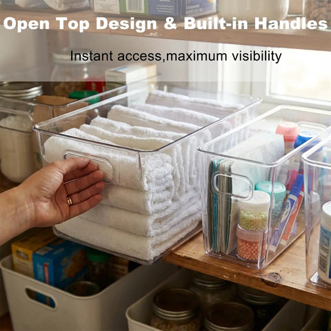 8 Pack Modular Clear Plastic Storage Bins Set With 4 Large And 4 Narrow Nestable Space Saving Bins for Kitchen Use