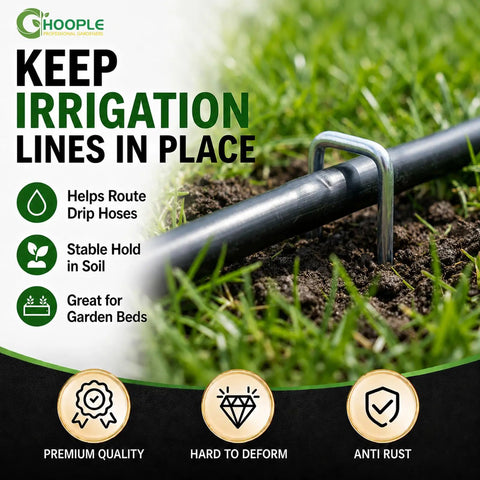Heavy Duty 6 Inch 11 Gauge Galvanized Landscape Staples 100 Pack For Securing Weed Barrier Fabric Irrigation Hoses Netting And Outdoor Decor Garden Stakes And Sod Pins For Lawn And Patio Projects securing an irrigation hose in grass.