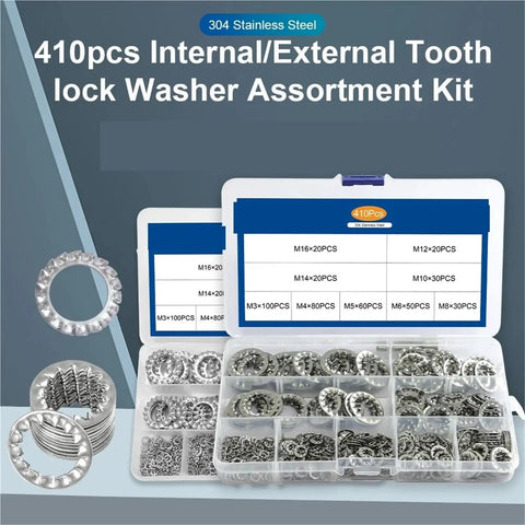 Internal Star Tooth Lock Washers Assortment Kit Two Set With 410 And 820 Pieces External And Internal Lock Washers in case.
