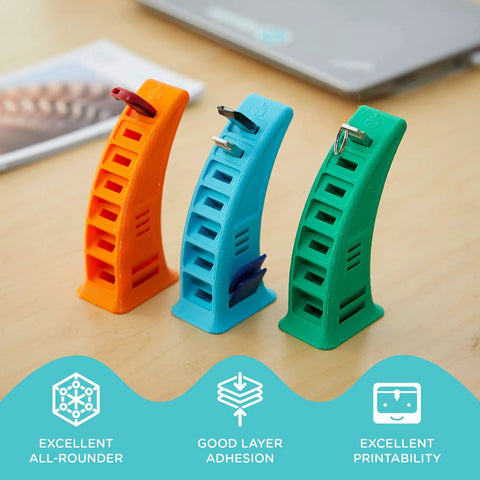 Badass Teal Petg 3D Printer Filament 2.85Mm 1Kg Spool with orange, blue, and green filament holders on a desk.
