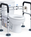 Premium Toilet Safety Rails For Aging Adults And Rehab Users Offers No Sweat Setup With Traction Handholds And Beefy Steel Tubing visible beside a standard toilet.