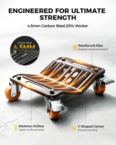 Heavy Duty Car Dolly Set Of 4 6000 Lbs Wheel Dollies For Cars Trucks And Suvs V Shaped Auto Transport platform displaying 4.5mm carbon steel construction.