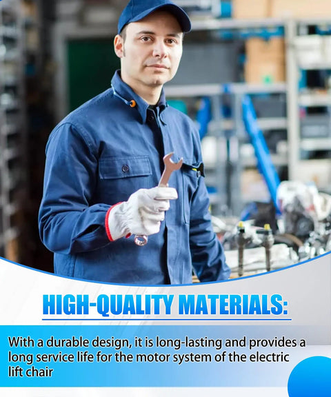 Technician holding a wrench in front of electric lift chair components, emphasizing high-quality materials and durability.