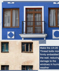 Concrete Anchors 1/4-20 Thread For Hurricane Shutter Hardware Wall Anchor Bolts securing shutters on blue and beige wall.
