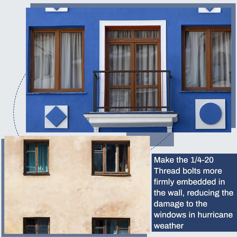 Concrete Anchors 1/4-20 Thread For Hurricane Shutter Hardware Wall Anchor Bolts securing shutters on blue and beige wall.