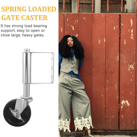 Heavy Duty Spring Loaded Gate Caster With Ball Bearings For Smooth As Silk Rolling On Driveways And Backyard Fences Handles Up To Seventy Five Kilos Without Breaking A Sweat, showcased with strong load bearing support.