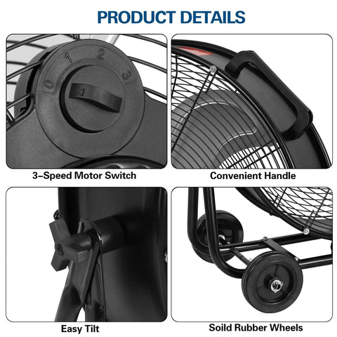 Industrial Drum Fan 8100 CFM High Velocity showing 3-speed motor switch, handle, tilt mechanism, and rubber wheels