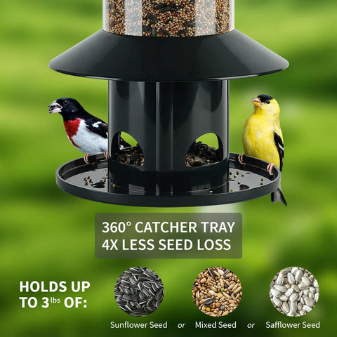 Ultimate Squirrel Proof Bird Feeder With 360 Degree Perch Tray For Outdoor Hanging Use Weather Resistant Rainproof Roof Keeps Seed Dry Reduces Waste And Seed Costs Easy To Refill Dark Green with birds feeding on seeds.
