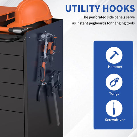 Utility hooks on the 30 Inch Rock Solid Steel Tool Storage Cabinet With Six Roomy Drawers And Silky Smooth Silent Slides.