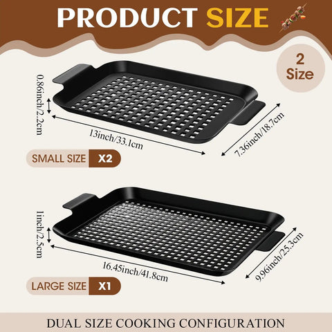 Diagram of Heavy Duty Stainless Steel Grill Tray Set 3 Pack Nonstick Perforated Grill Baskets With Handles showing sizes.