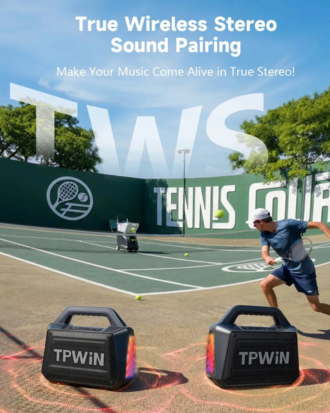 80W Portable Bluetooth Speaker With Big Bass And Rugged Outdoor Vibe, IPX6 Waterproof, 20 Hours Playtime on tennis court