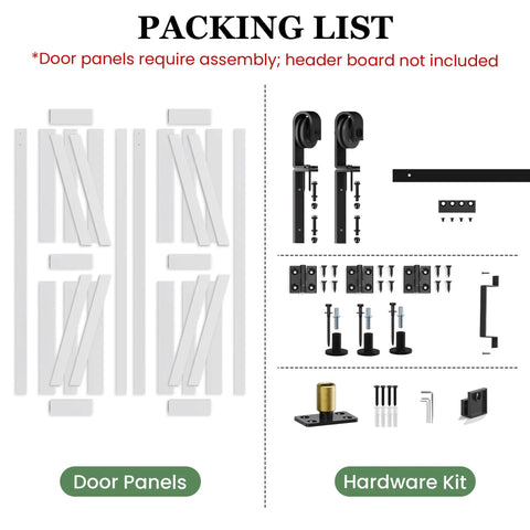 Foolproof Setup Bifold Barn Doors 40 Inch By 84 Inch With Badass 44 Inch Slider Track Kit packing list showing door panels and hardware kit.