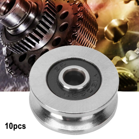 Heavy Duty V Groove Ball Bearing 10 Pack 4x18x8mm on a background showing gear mechanics for sliding doors and cabinet tracks.