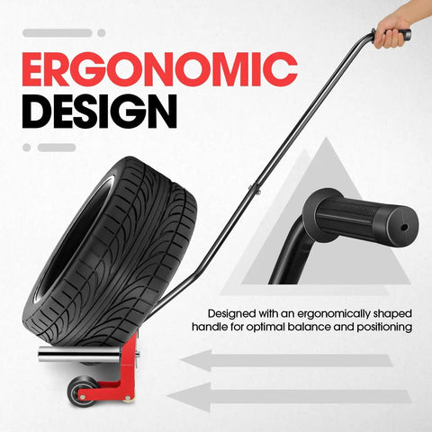 Heavy Duty Tire Wheel Dolly Adjustable Steel Roller Cart With Rock Solid 330 Lb Load Capacity showcasing ergonomic handle design.