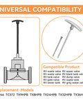 Diagram showing RV Waste Valve Replacement Kit with aluminum handle and compatibility list for various valve models.