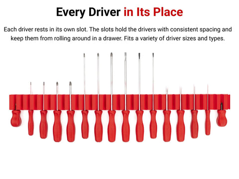 Front view of 40 Tool Modular Driver Organizer Set Red ODM91240 Made In USA, showing snug slots keeping drivers in place.