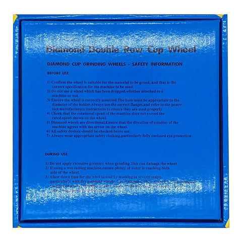 Instructions on blue packaging for 9 Inch Diamond Cup Grinding Wheel with Double Row Segmented Disc for Quick Concrete Grinding