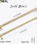 Top Tier Solid Brass Cabinet Pulls With Brushed Gold Finish measuring 14-1/10 inch and 12-3/5 inch for modern drawers.