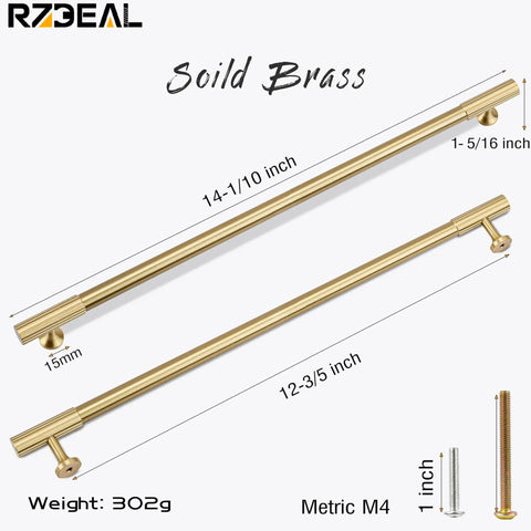 Top Tier Solid Brass Cabinet Pulls With Brushed Gold Finish measuring 14-1/10 inch and 12-3/5 inch for modern drawers.