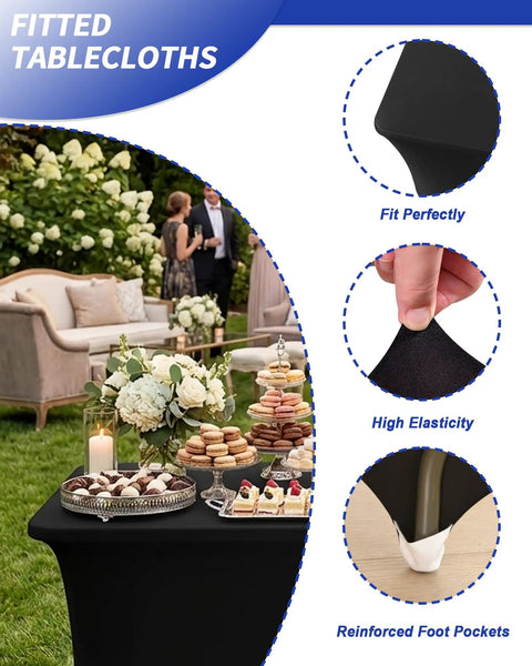 Slick Top Notch Two Pack Black 6Ft Fitted Tablecloth Rectangle Spandex Blend Cover showing high elasticity and reinforced foot pockets.