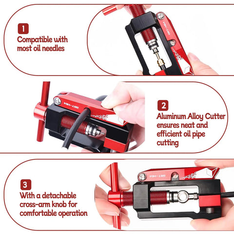 2 In 1 Bicycle Hydraulic Brake Hose Tool With Needle Driver And Hose Cutter For Quick Installation And Clean Cuts Of Hydraulic Lines Red Pro Grade, aluminum alloy structure for efficient pipe cutting, compatible with oil needles