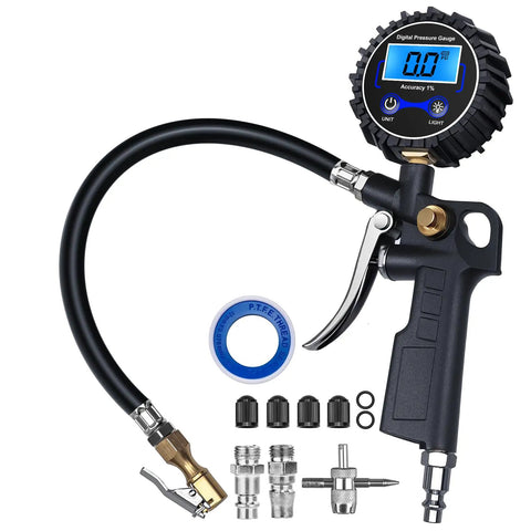 Digital Tire Pressure Gauge With Inflator 3 To 250 PSI Kit All In One With Air Chuck Quick Connect Coupler Rubber Hose displayed