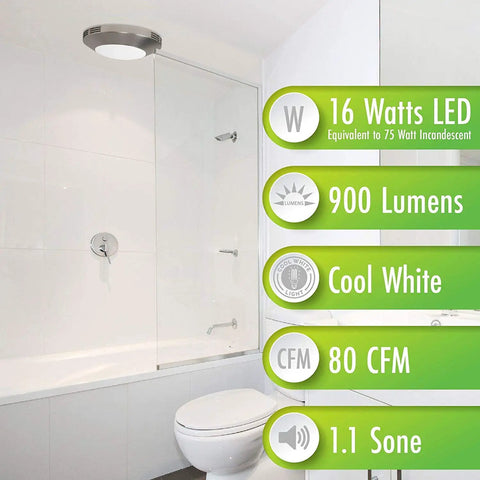 Bathroom with Integrated LED Light Bath Fan With Ceiling Mount Exhaust Quiet One Point One Sones Eighty CFM Brushed Nickel Finish