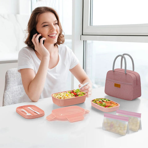 Woman using Three Stackable Bento Lunch Box Set With Leak Proof BPA Free Containers Includes Lunch Bag And Built In Utensils Dishwasher Safe