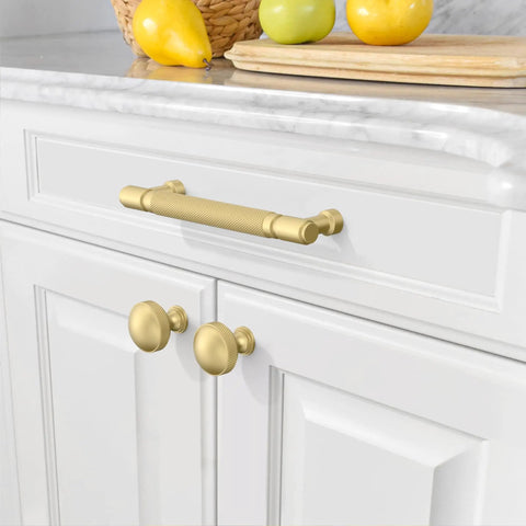 Check Out These Swoon Worthy Brushed Gold Knurled Cabinet Pulls 5 Inch Drawer Handles 10 Pack Premium Hardware with knob detail.
