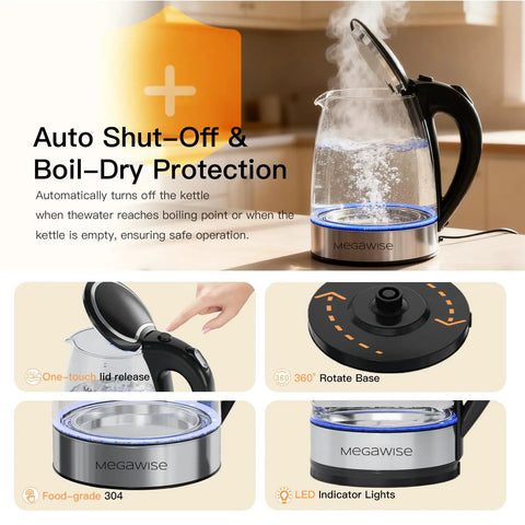 Electric Kettle Glass With No Plastic Contact With Water Auto Shut Off Fast Boil 1.8L Borosilicate Glass Stainless Steel Interior 1000W Hot Water Boiler For Tea And Coffee Black showing auto shut-off, blue LED lights, one-touch lid release, and 360-degree base.