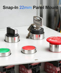 Industrial control panel with various switches including the Three Position Maintained Selector Switch With 22mm Metal Head.