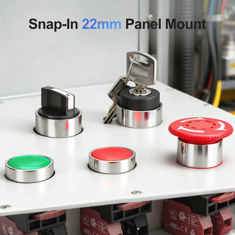 Industrial control panel with various switches including the Three Position Maintained Selector Switch With 22mm Metal Head.