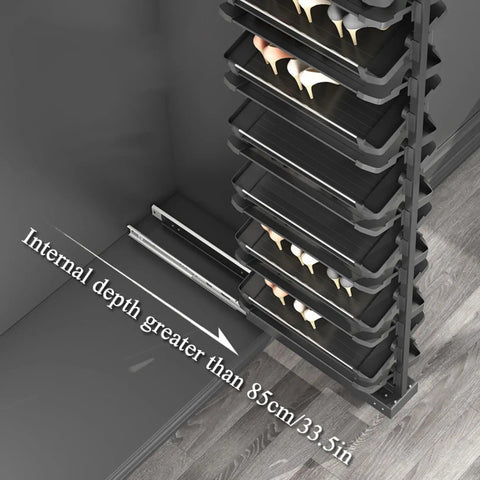 Slick Vertical Pull Out Shoe Rack Heavy Duty Metal Kickers Organizer with staggered tiers in a closet, showing sliding rails.
